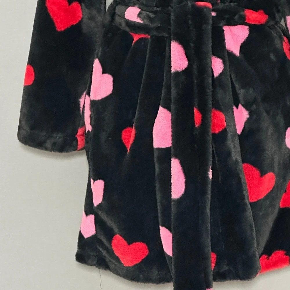 Kate Spade Womens Bathrobe M Black Plush Wrap Tie Red Pink Hearts Loungewear